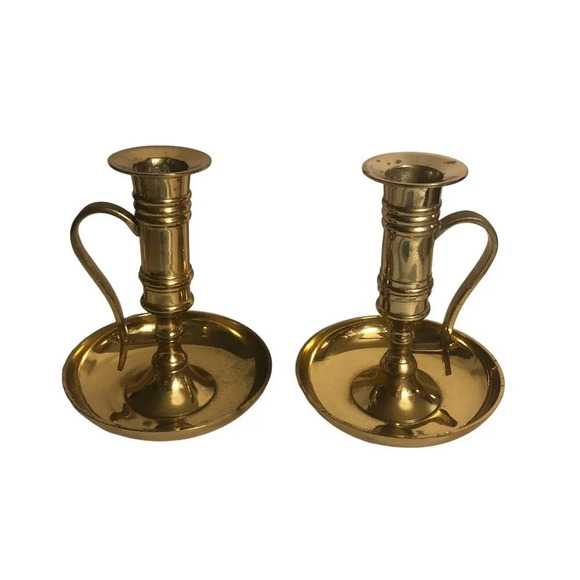 Vtg Brass Pair 2 Chamber Stick 4.75" x 3.75" Candlestick Candle Holder Handle - Picture 2 of 8